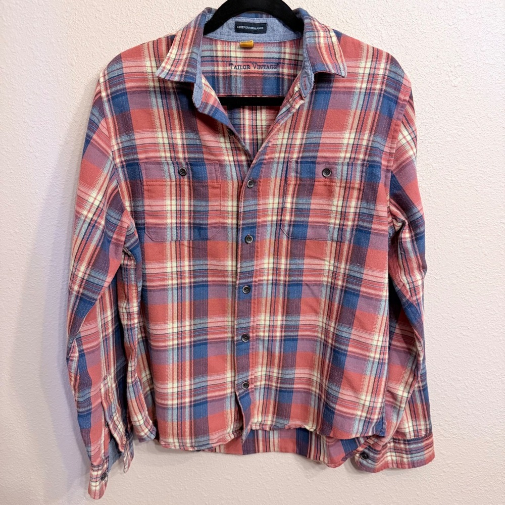 Tailor Vintage Luxe Performance Plaid Flannel Shirt Mens Medium Red Blue Stretch